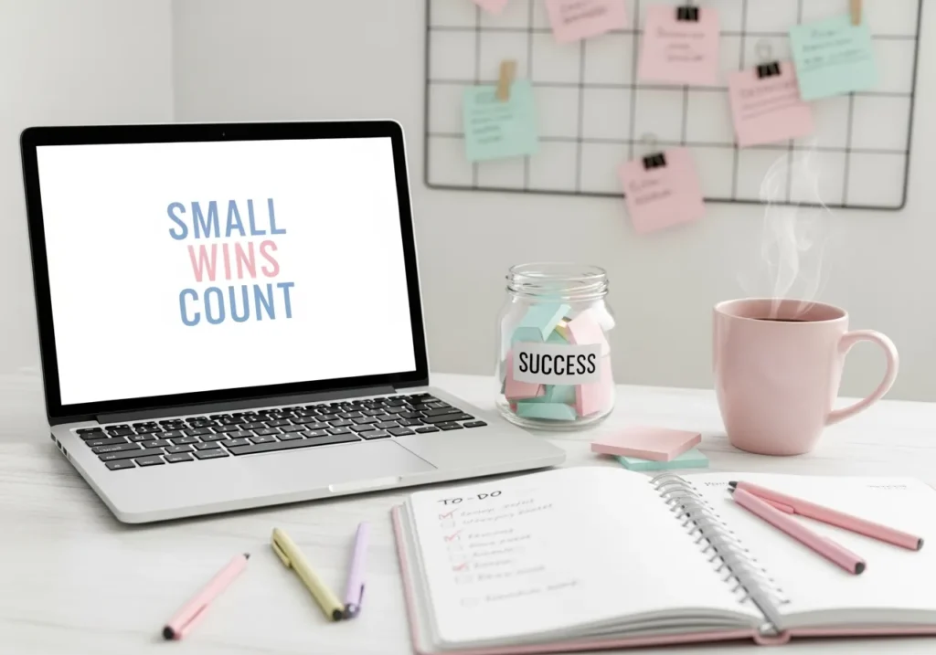 A desk setup with a laptop screen that reads “SMALL WINS COUNT” beside a jar labeled “SUCCESS” filled with pastel paper slips. This scene reflects the concept of tracking progress to build creative confidence and celebrate publishing wins, no matter how small. 