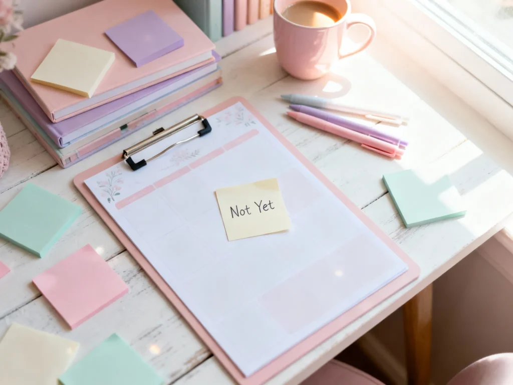 A sunlit workspace featuring a yellow sticky note labeled “Not Yet” on a clipboard calendar, symbolizing how perfectionism delays digital product launches. It represents the emotional clutter of the someday folder and the push to move forward.