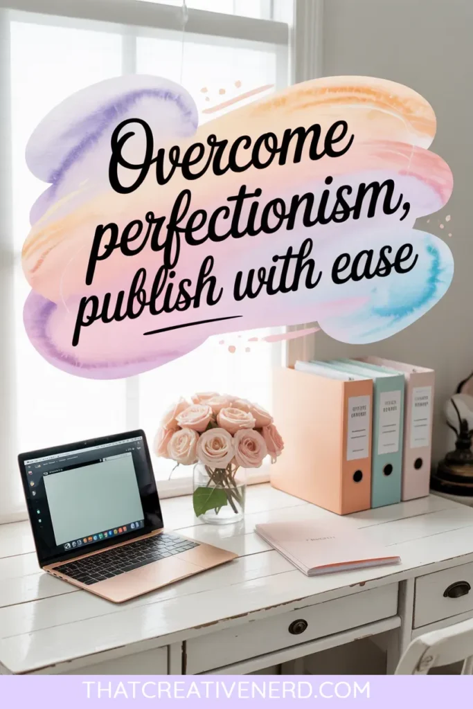 A soft pastel workspace featuring a rose gold laptop, a vase of pale pink roses, and pastel binders on a white desk beneath a bright window. Above the setup, bold script text reads, "Overcome perfectionism, publish with ease."