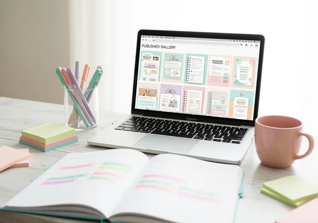 A laptop shows a gallery of colorful, finished planner designs, with scattered pastel pens and sticky notes nearby. This highlights the confidence gained by batching and publishing MVP digital products instead of endlessly tweaking.