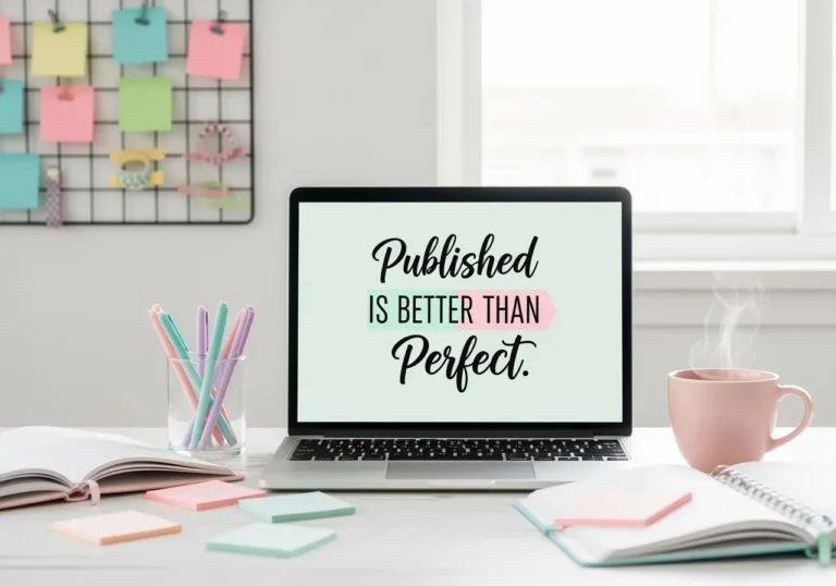 A desk scene with a laptop screen quoting “Published is better than perfect,” surrounded by sticky notes, pastel pens, and a coffee mug. This motivational setup embodies the shift from perfectionism to action in creative work.