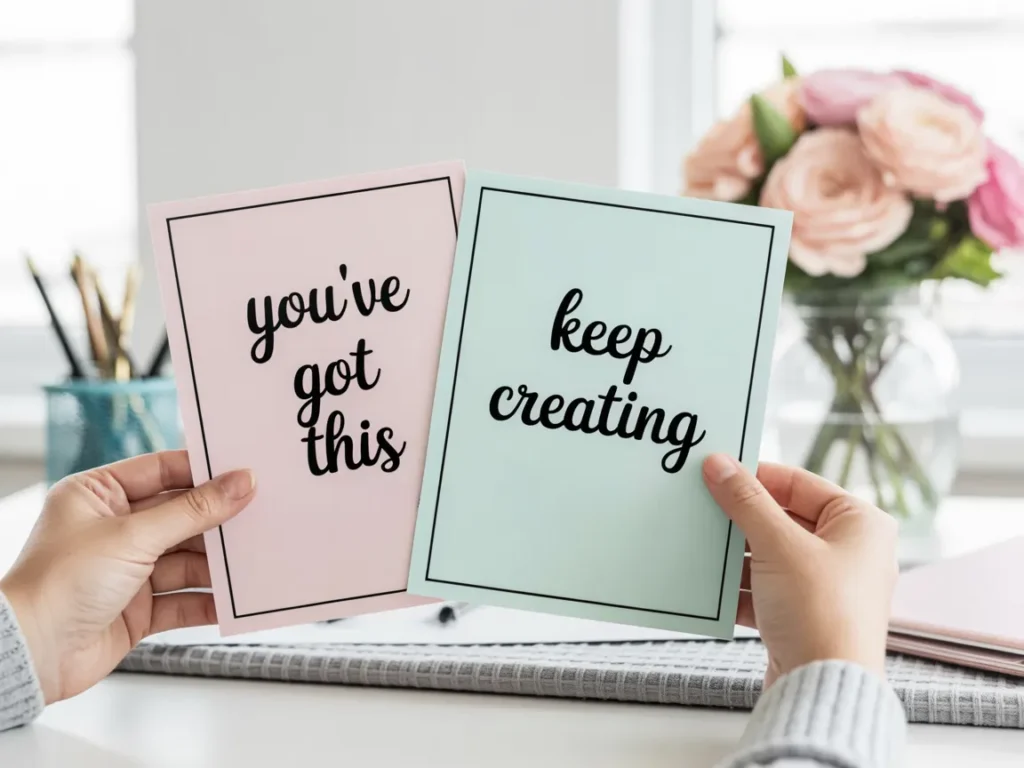 Hands holding two printable affirmation cards designed in Canva, one pink with “you’ve got this” and one mint with “keep creating,” styled in a cozy workspace with soft decor.
