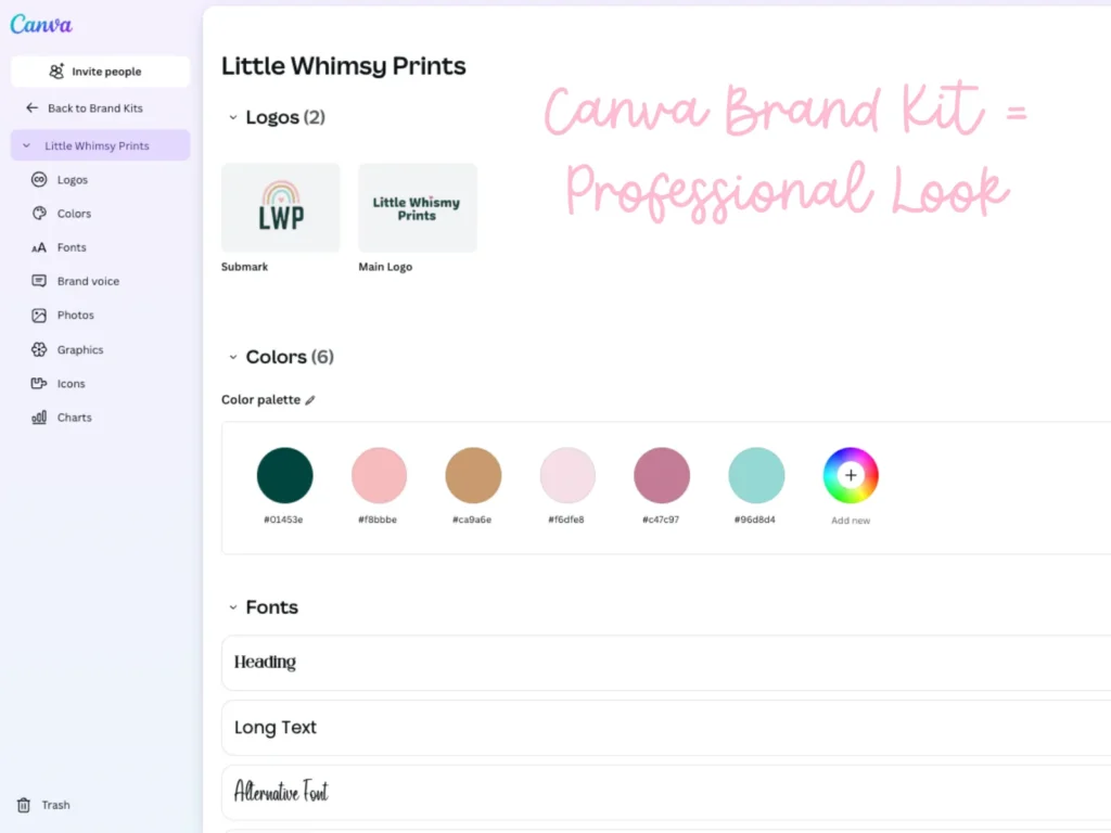 Canva hacks for selling digital products shown through a custom brand kit setup in Canva with logos, fonts, and a color palette for Little Whimsy Prints. Text overlay reads “Canva Brand Kit = Professional Look,” emphasizing the value of consistent branding.