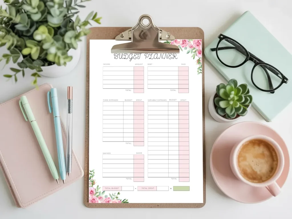Printable budget planner with income, expense, and savings sections in a pink and green floral layout, styled with pens, glasses, coffee, and a clipboard for a flat lay mockup.