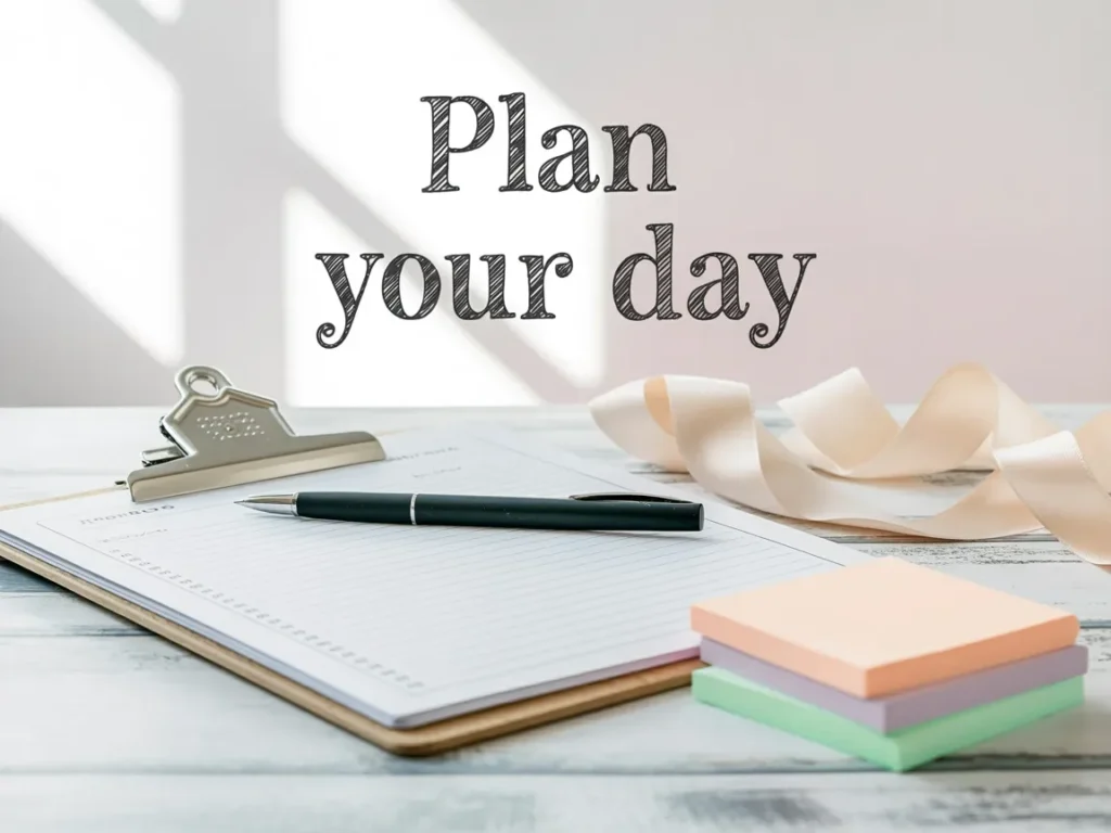 Lined daily planner sheet on a clipboard with “Plan your day” in bold text above, styled with a pen, ribbon, and pastel sticky notes to show a practical Canva product to sell.