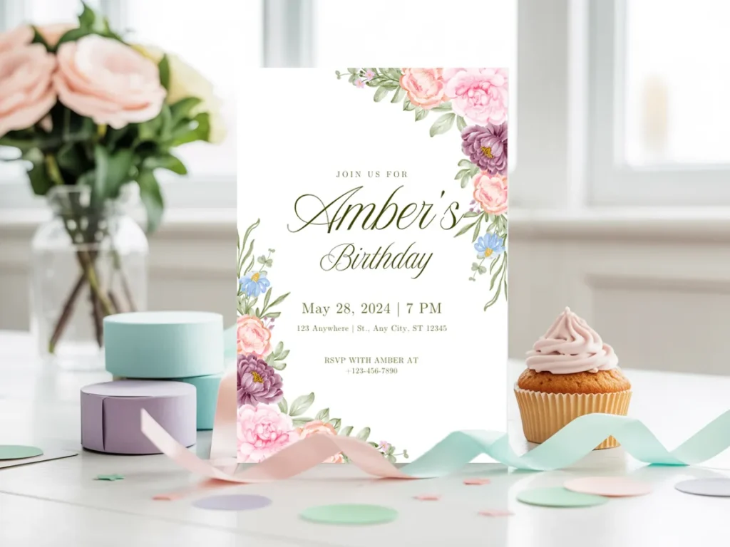 Elegant floral birthday invitation mockup reading “Amber’s Birthday” with party details, styled beside a cupcake and decor, showcasing Canva digital invitation products.
