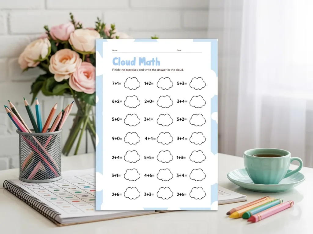 Cloud-themed kids’ math worksheet featuring simple addition problems in Canva, styled with colored pencils, flowers, and a green teacup to show a printable learning tool.