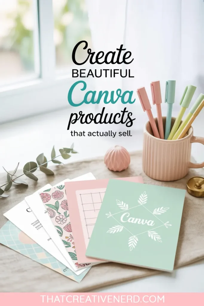 Flat lay of pastel Canva printables, floral graphics, and a mug of colorful pens with text that reads “Create beautiful Canva products that actually sell,” styled on a soft neutral background by a window.