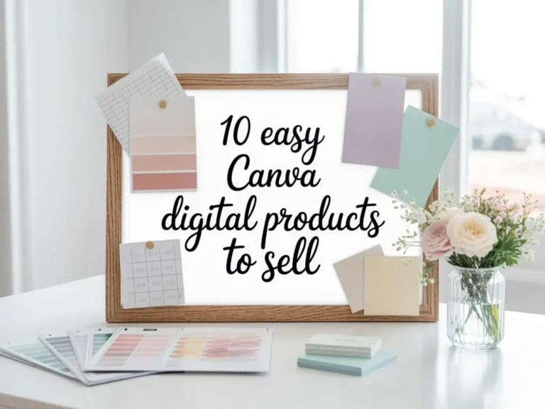 Canva digital products inspiration board with pinned pastel swatches and a sign reading “10 easy Canva digital products to sell,” styled with flowers and stationery to show creative printable ideas.