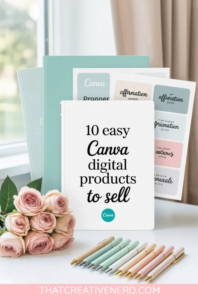 Canva digital products to sell flat lay featuring a styled workbook titled “10 easy Canva digital products to sell” with pens, roses, and other printable templates in soft pastel colors.