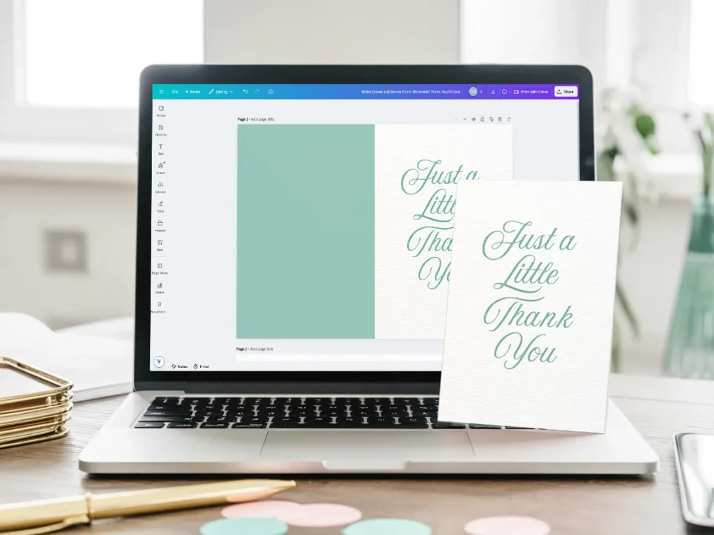 Canva thank you card design reading “Just a Little Thank You” in teal script, shown both on-screen and printed, styled with soft decor for a sweet digital card product idea.