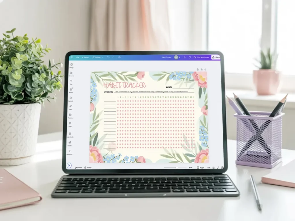 Digital habit tracker template with pink dot grid and floral borders shown on a tablet, styled in a cozy workspace to illustrate a beginner-friendly Canva digital product.