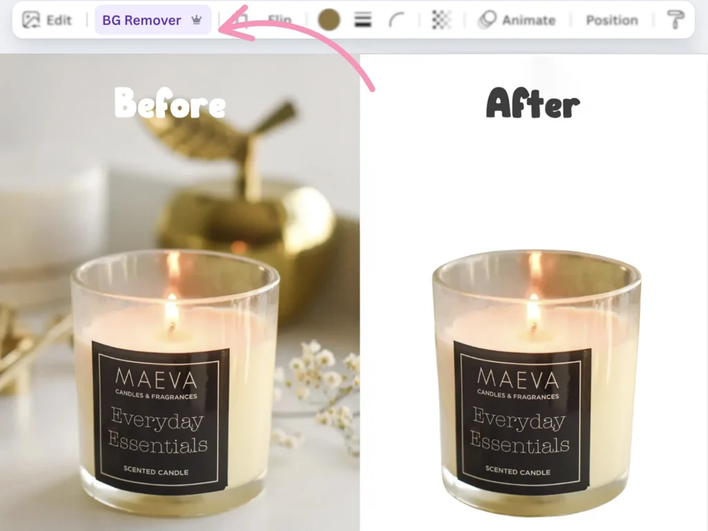 Before and after image of a candle product photo using Canva’s background remover tool. The edited version on the right has a clean white background, showing how Canva hacks can enhance digital product listings.