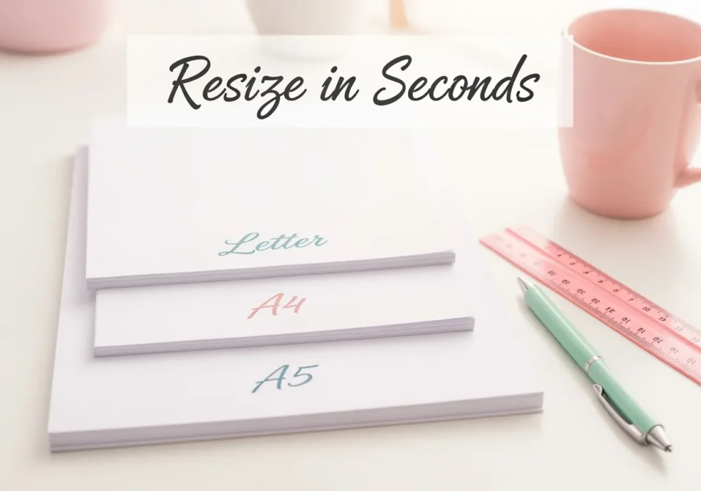 Stacked paper sheets labeled Letter, A4, and A5 next to a pink mug and ruler with text that reads "Resize in Seconds," illustrating a Canva hack for quickly adjusting digital product sizes.