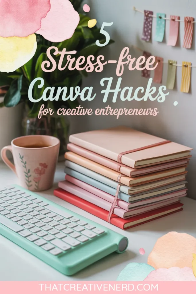 Canva Hacks for Selling Digital Products. A pastel workspace with colorful journals, a mint green keyboard, and a floral mug sits beneath the overlay text "Stress-free Canva Hacks for creative entrepreneurs.