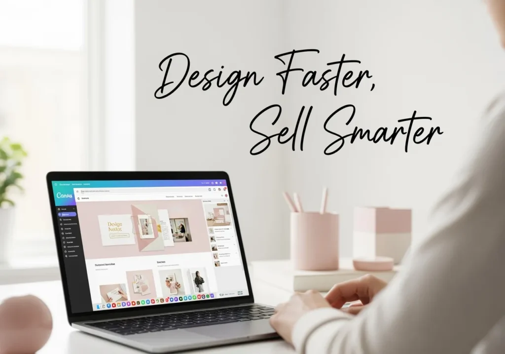 Person working in Canva on a laptop with pastel digital product templates and the phrase "Design Faster, Sell Smarter," emphasizing Canva hacks for entrepreneurs to streamline design and boost sales.