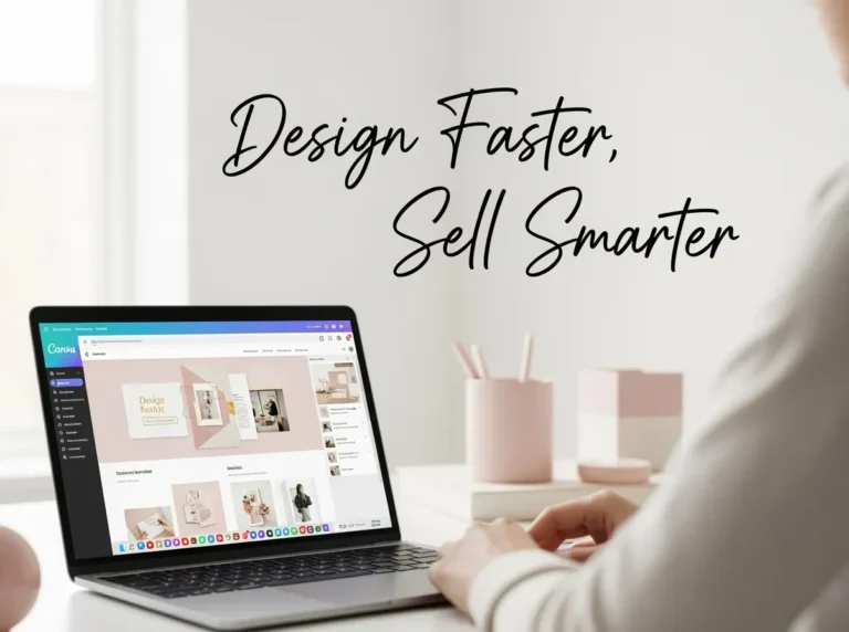 Person working in Canva on a laptop with pastel digital product templates and the phrase "Design Faster, Sell Smarter," emphasizing Canva hacks for entrepreneurs to streamline design and boost sales.