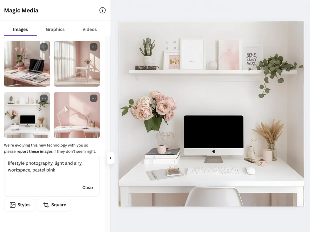 A screenshot of Canva’s Text to Image feature used to generate styled workspace images with a pastel, feminine aesthetic. This visual demonstrates how Canva hacks like AI-generated imagery can help create digital product mockups.