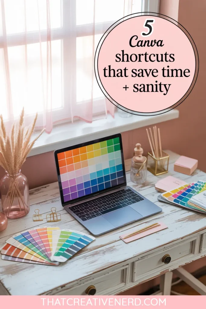 Laptop showing a color palette grid surrounded by paint swatches and desk accessories, with the text "5 Canva shortcuts that save time and sanity," representing efficient Canva hacks for digital product creators.
