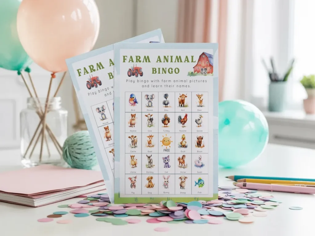 Printable farm animal bingo cards designed in Canva, featuring cute animal illustrations and surrounded by colorful confetti and balloons for a kids’ party setup.