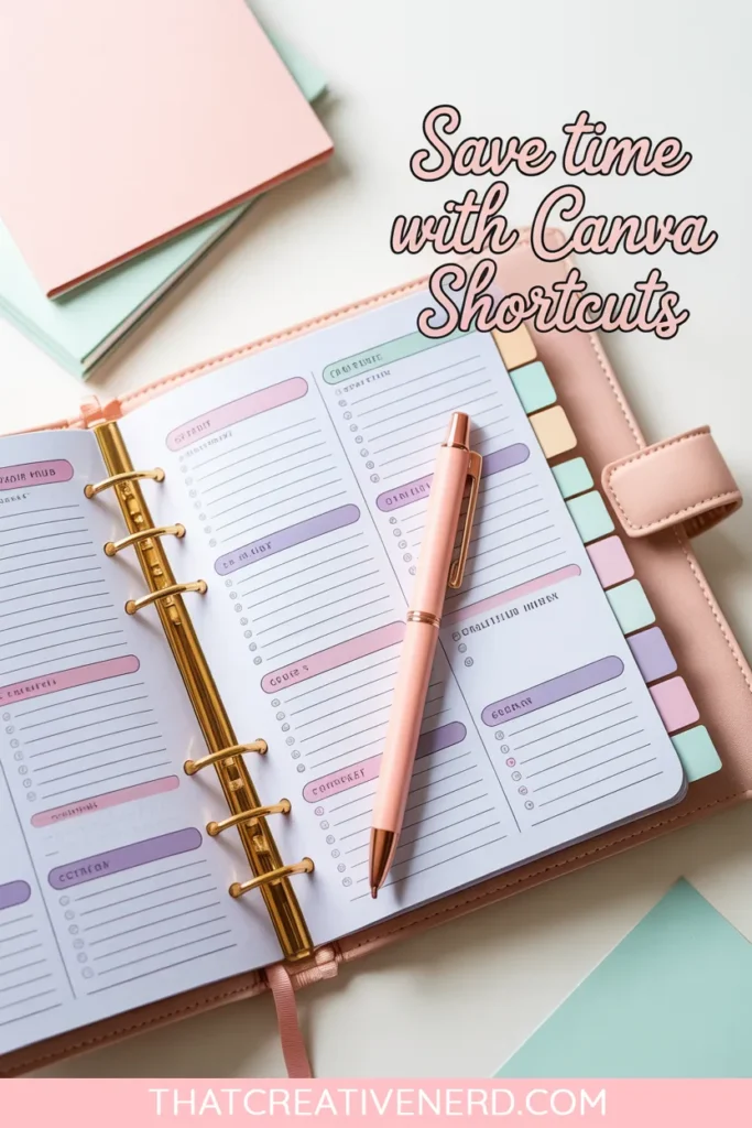 Open planner with color-coded tabs and a pink pen next to pastel notebooks, featuring the phrase "Save time with Canva Shortcuts," emphasizing time-saving Canva tips for entrepreneurs.