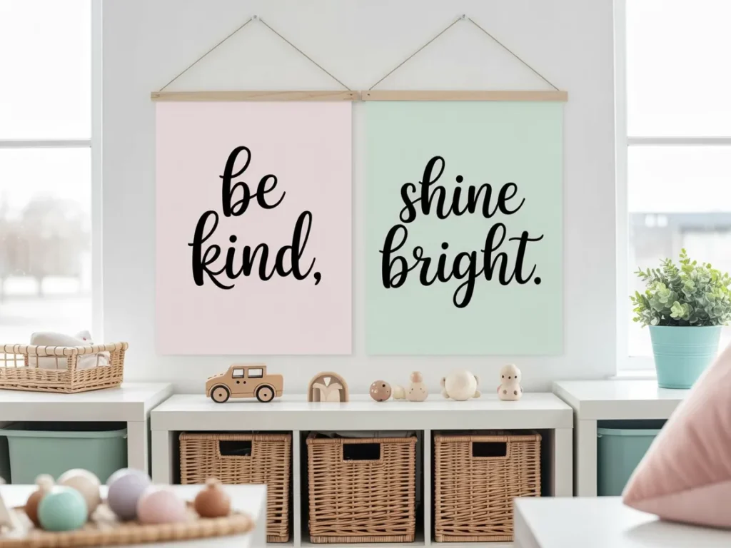 Two printable wall art designs created in Canva, hanging in a children’s playroom, with pastel backgrounds and bold messages reading “be kind,” and “shine bright.”