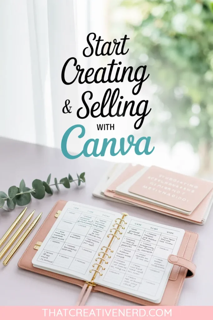 Stylish flat lay with gold pens, an open planner, and notebooks beside greenery, with text overlay that reads “Start creating & selling with Canva” — perfect for promoting Canva digital product tutorials.