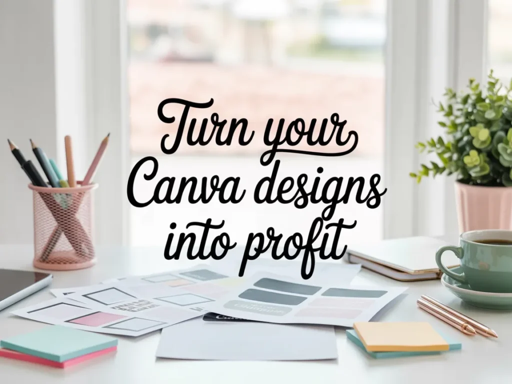 Desk flat lay with Canva design mockups, a coffee cup, and a motivational sign reading “Turn your Canva designs into profit,” reflecting the blog’s focus on selling digital products.