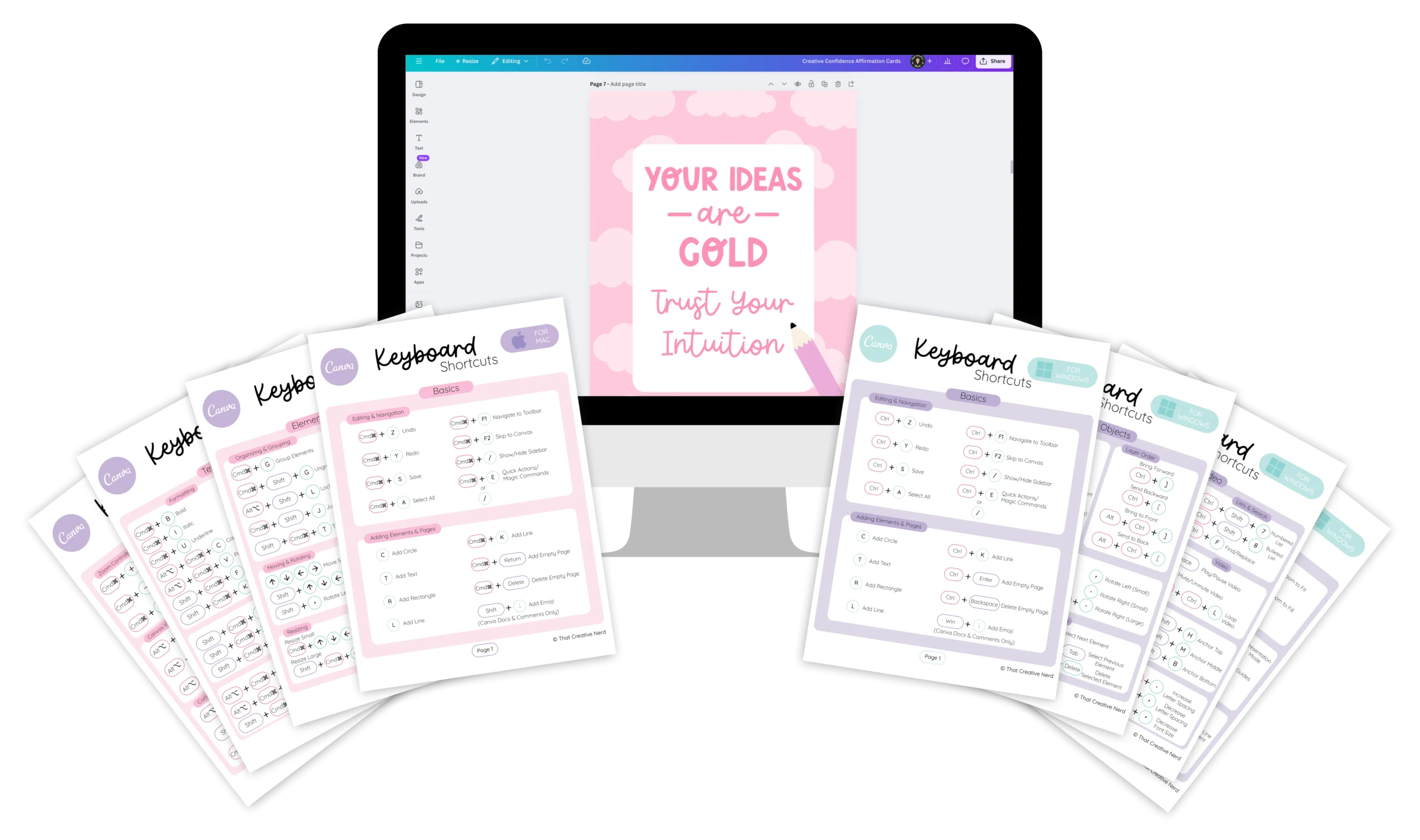 Mock‑up of a computer screen displaying a pink Canva design that reads ‘Your ideas are gold. Trust your intuition,’ surrounded by printed Canva keyboard shortcut guides for both Mac and Windows.