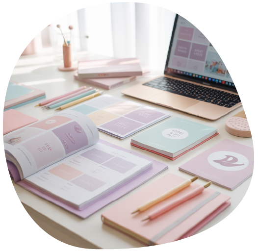 A neatly arranged workspace with pastel-colored planners, notebooks, and pencils spread out on a white desk. An open laptop displays matching digital planners, while soft natural light filters through sheer curtains in the background.