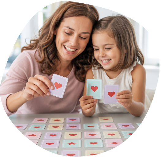 Smiling mother and young daughter playing a colorful matching card game at a table, holding up cards with red heart symbols. The game features pastel-colored cards, creating a fun and loving bonding moment.
