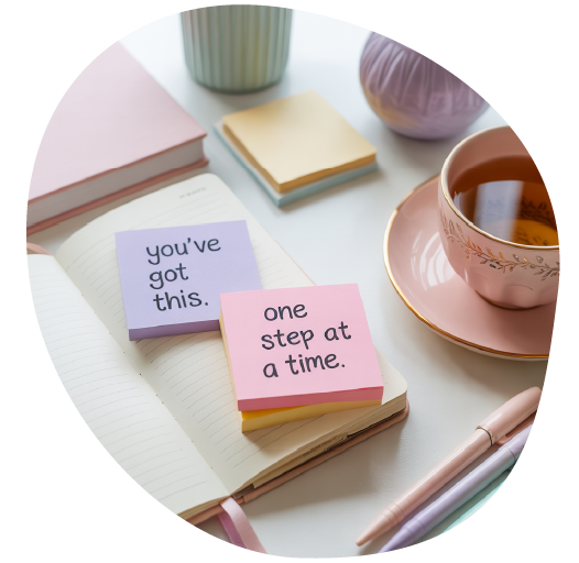 A cozy desk setup with pastel stationery, an open notebook, and two sticky notes that read “you’ve got this” and “one step at a time.” A pink teacup with tea, a pen, and stacked notepads add to the calm, motivational vibe.