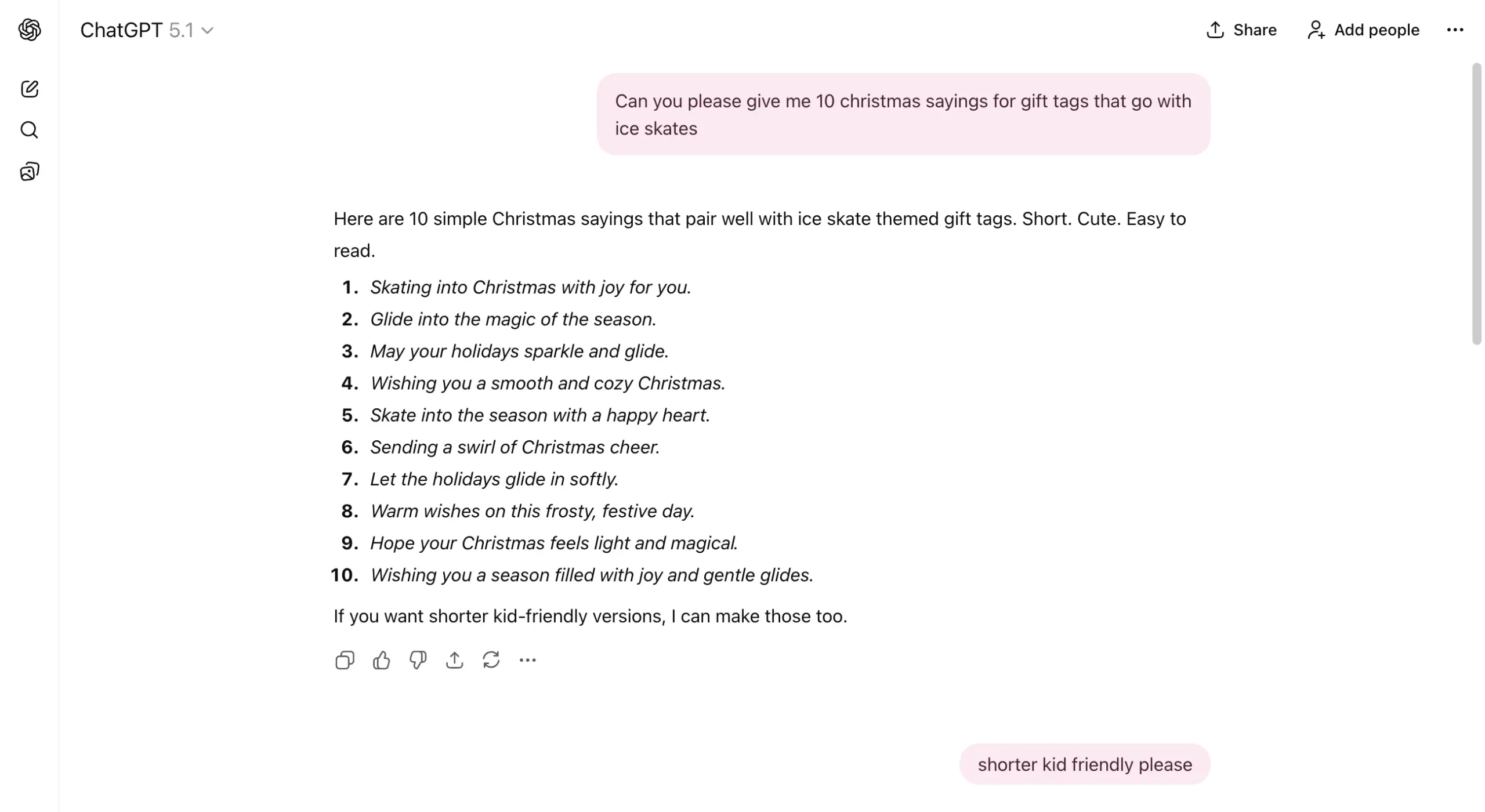 A list of ten short, ice skate-themed Christmas sayings generated by ChatGPT, such as “Skating into Christmas with joy for you” and “Let the holidays glide in softly.”