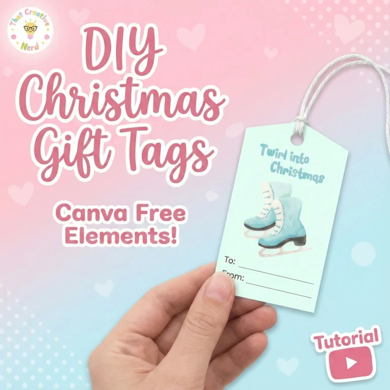 Hand holding a pastel Christmas gift tag featuring watercolor ice skates and the phrase “Twirl into Christmas” with "To" and "From" lines. Surrounded by pink and blue gradient background with the text “DIY Christmas Gift Tags – Canva Free Elements!” and a YouTube tutorial icon.
