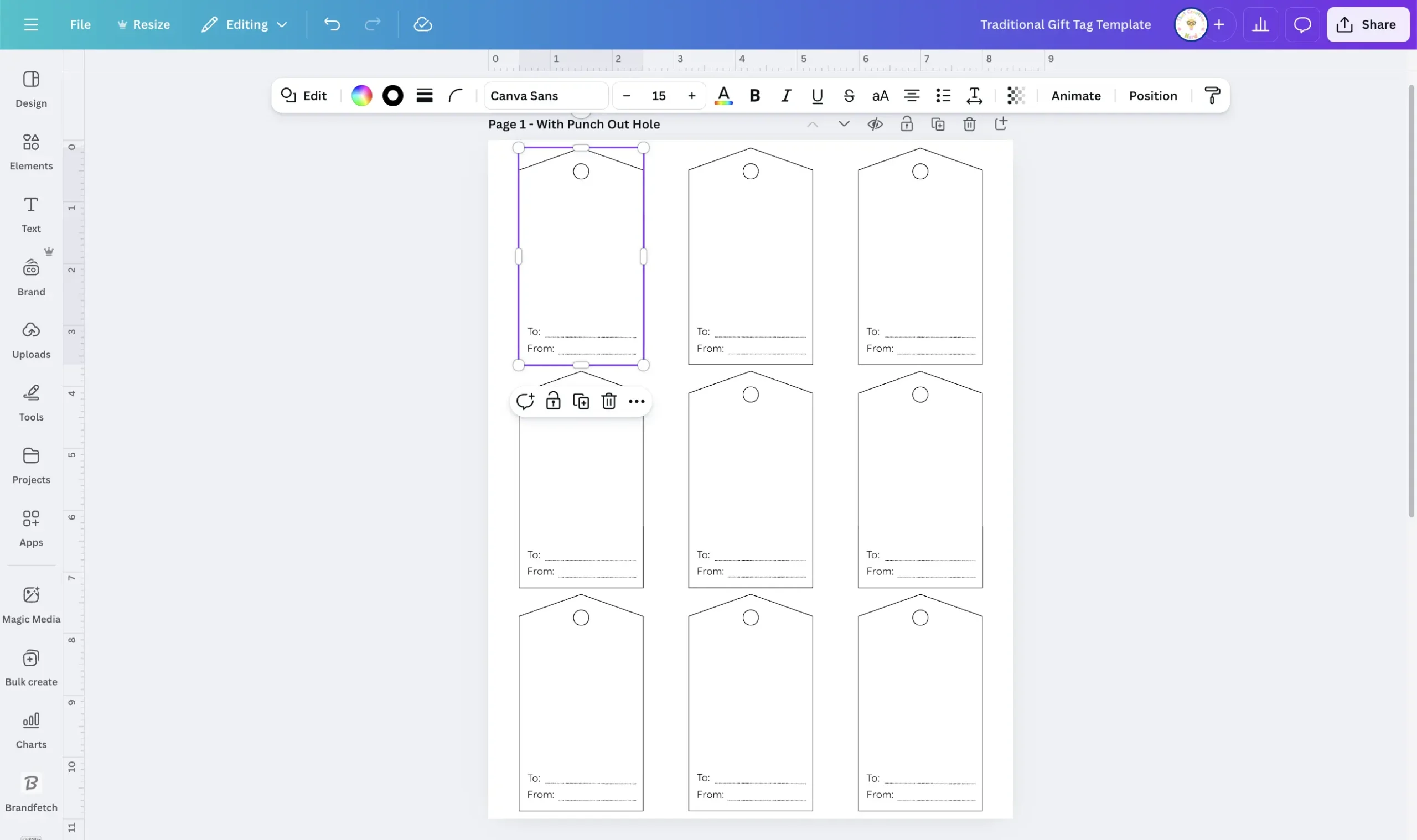 A Canva editing screen showing one selected blank gift tag on a sheet of nine, with text fields and shape outline active for customization.