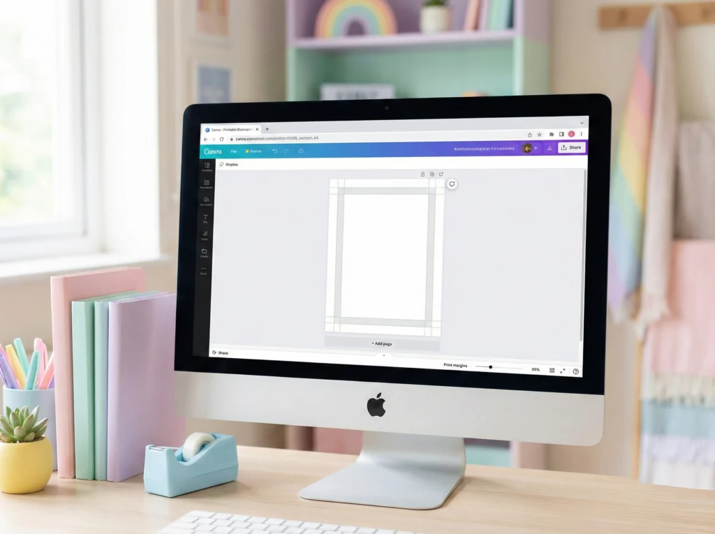 Computer screen showing a blank printable layout template in Canva with print margin guides, surrounded by pastel notebooks and a rainbow-themed workspace.