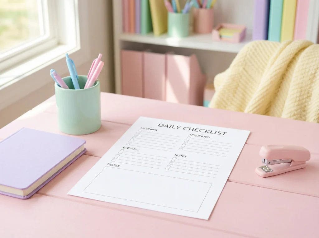 Daily Checklist printable on a pink desk with sections for Morning, Afternoon, Evening, and Notes. Pastel pens, a lilac notebook, and a pink stapler complete the setup in a bright workspace.