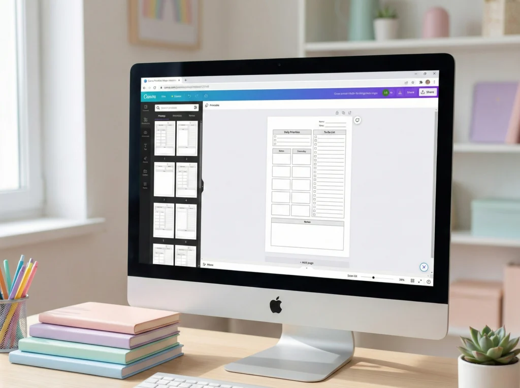 Canva editor open on a desktop showing a daily planner layout with sections for Daily Priorities, To-Do List, Notes, and Creativity. Pastel notebooks and pens are nearby.