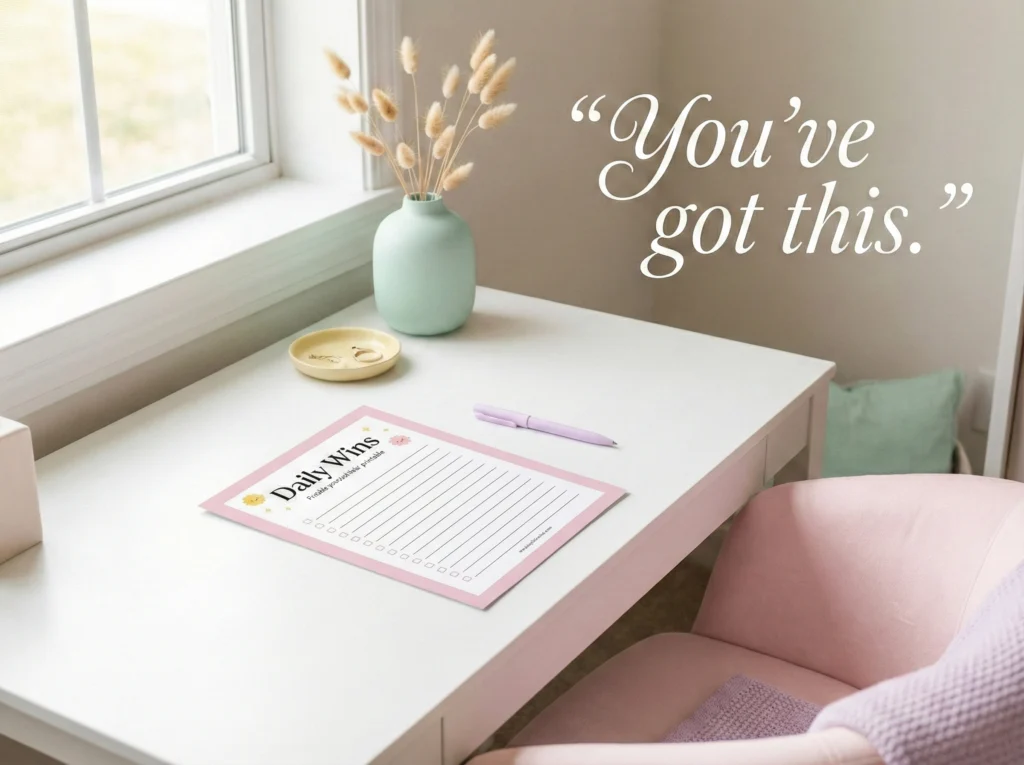 Motivational “Daily Wins” printable journaling sheet with checkboxes and a pink border placed on a tidy white desk beside a lavender pen, pastel decor, and a soft pink chair.