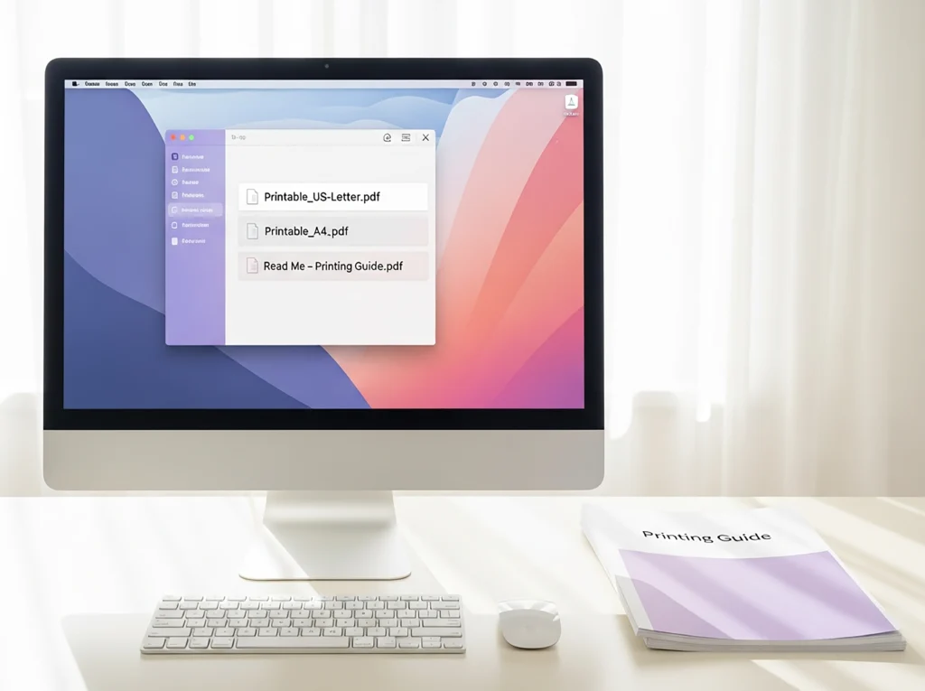 A desktop screen displays three files: Printable_US-Letter.pdf, Printable_A4.pdf, and Read Me – Printing Guide.pdf. A printed “Printing Guide” booklet lies beside the keyboard on a clean white desk.