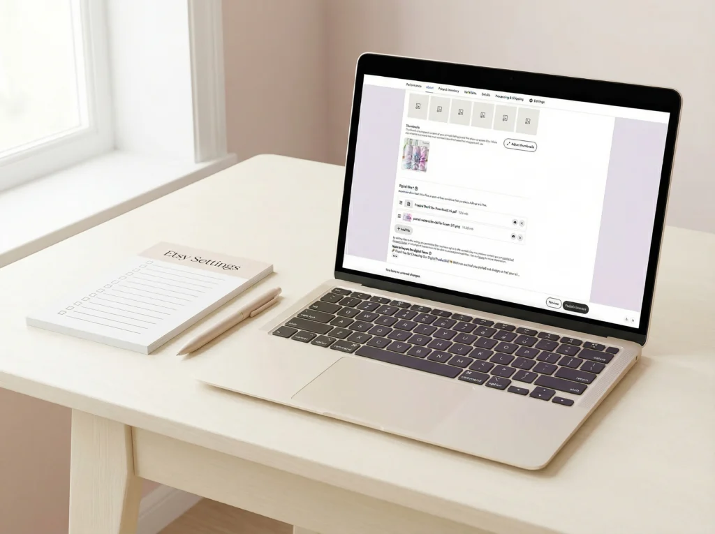 A laptop screen shows the digital file upload section of an Etsy listing. Next to it, a notepad titled “Etsy Settings” and a beige pen rest on the desk.