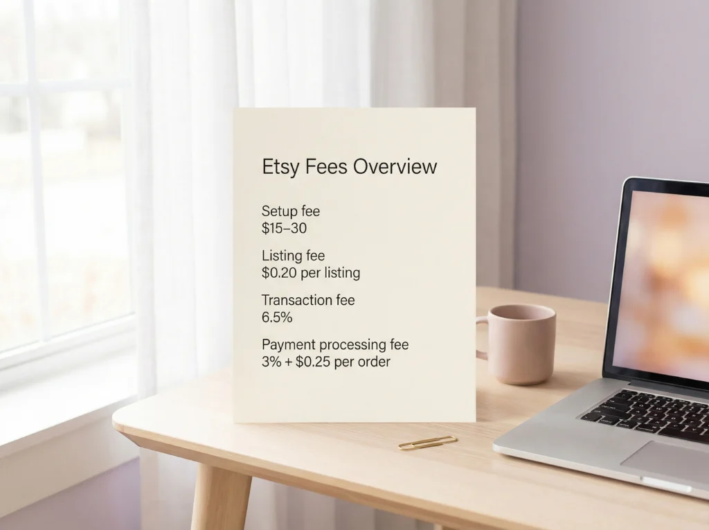 A printed Etsy fees overview on a beige paper showing setup, listing, transaction, and payment processing fees. It's propped up on a desk next to a laptop, pink mug, and gold paperclip.