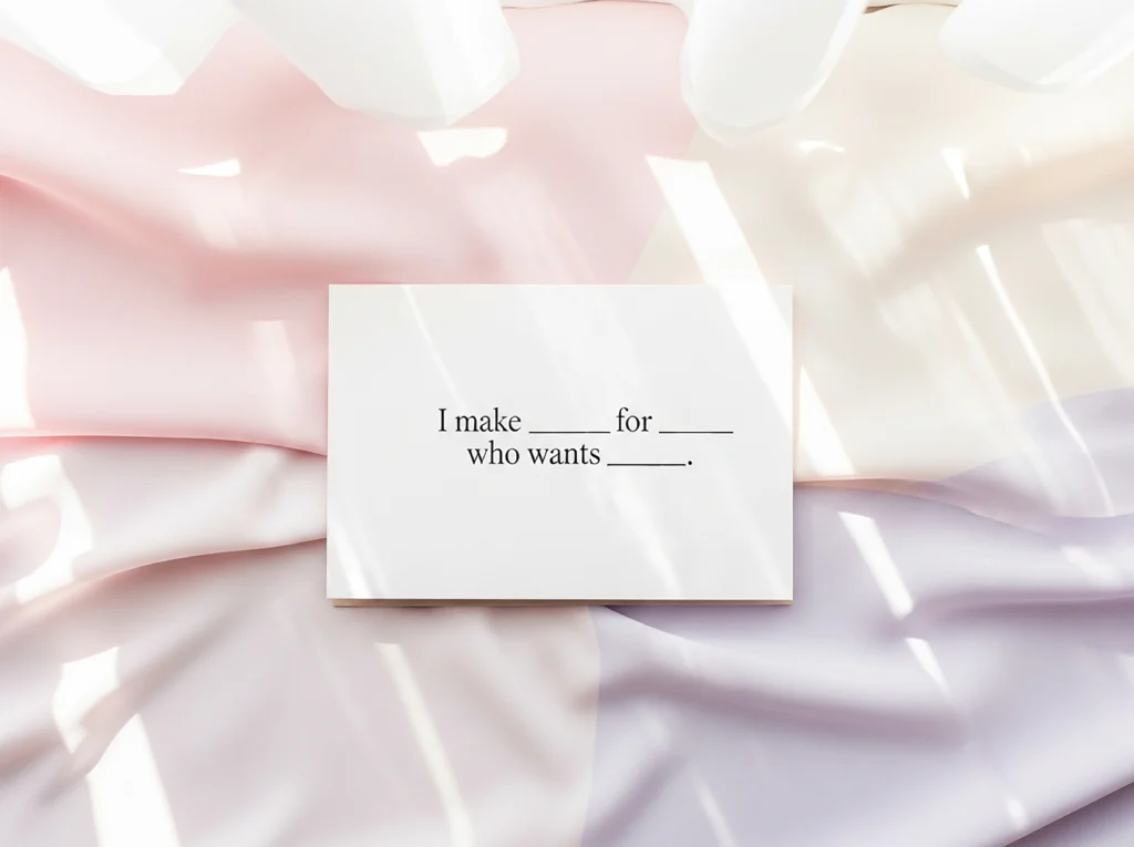 A white card with the phrase "I make ____ for ____ who wants _____" rests on a silky pastel fabric background. Soft sunlight and shadows create a dreamy atmosphere.