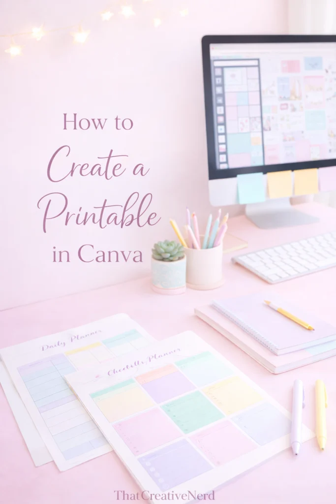 Desktop setup with the phrase “How to Create a Printable in Canva” overlaid on a soft pink background. Below are pastel daily and checklist planner printables, a keyboard, and stationery in a cozy, feminine workspace.