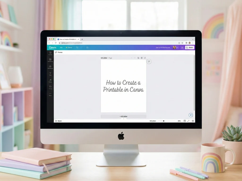 Computer screen showing a Canva project titled “How to Create a Printable in Canva” in a cozy, pastel-themed home office with rainbows and a succulent plant on the desk.