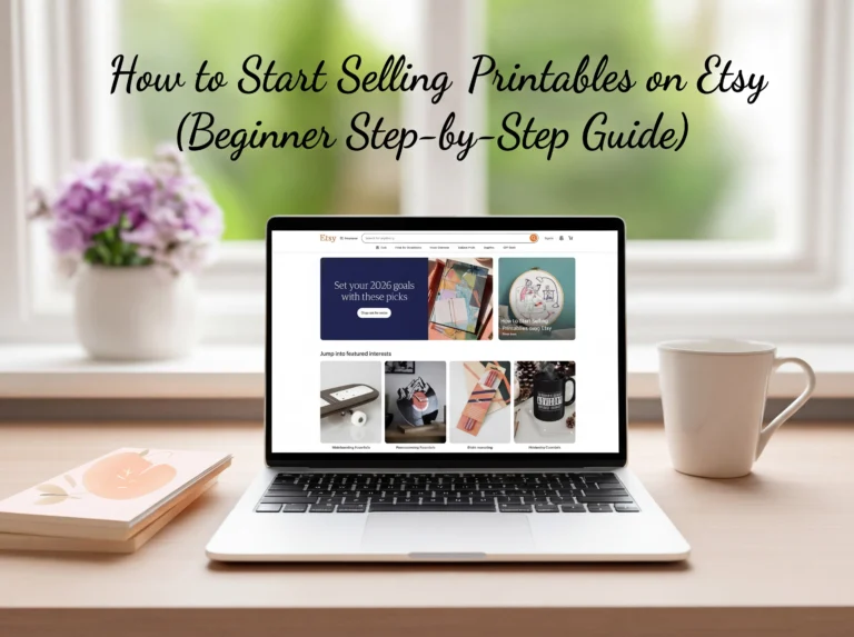 A laptop with the Etsy homepage open is captioned with “How to Start Selling Printables on Etsy (Beginner Step-by-Step Guide).” The scene includes a coffee mug, notebook, and vase of purple flowers on a light wooden desk.