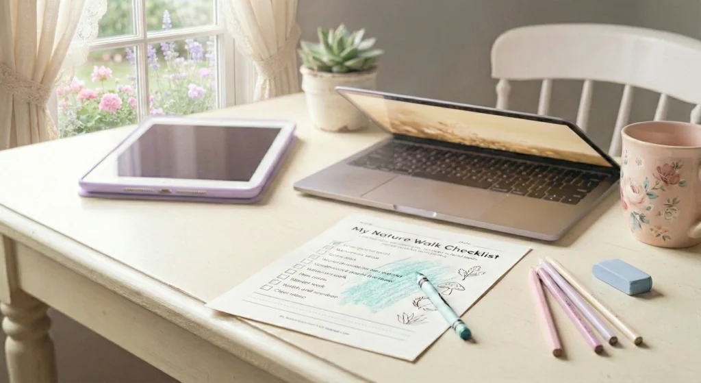 Printable nature walk checklist for kids partially colored in with a green crayon, surrounded by pastel pencils, a laptop, tablet, and floral coffee mug on a white wooden table.