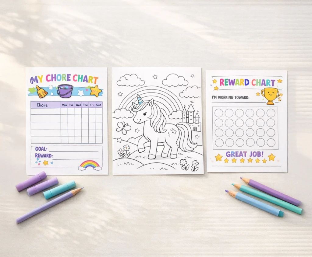 Flat lay of three colorful kids’ printables including a chore chart, unicorn coloring sheet, and reward chart, with pastel crayons arranged around them on a neutral surface.