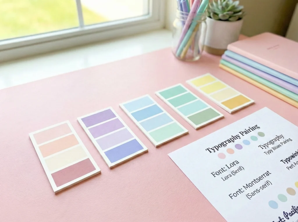 Flat lay of pastel color swatches and a typography pairing guide on a pink desk. The guide suggests font combinations like Lora and Montserrat next to jars of pens, a succulent, and stacked pastel notebooks.