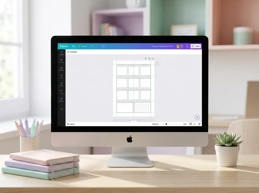 Grid-based planner layout in Canva on a desktop, showing a structured printable template with square sections, surrounded by pastel stationery and books.